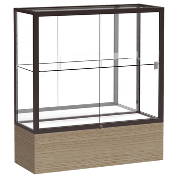 40"H x 36"W x 14"D Driftwood Oak Finish, Mirror Back, Dark Bronze Aluminum Frame, Reliant Display Case