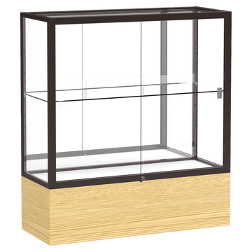40"H x 36"W x 14"D Light Oak Vinyl Finish, Mirror Back, Dark Bronze Aluminum Frame, Reliant Display Case