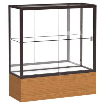 40"H x 36"W x 14"D Carmel Oak Finish, Mirror Back, Dark Bronze Aluminum Frame, Reliant Display Case