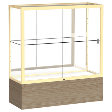 40"H x 36"W x 14"D Driftwood Oak Finish, Mirror Back, Champagne Aluminum Frame, Reliant Display Case