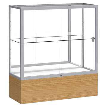 40"H x 36"W x 14"D Natural Oak Finish, Mirror Back, Satin Natural Aluminum Frame, Reliant Display Case