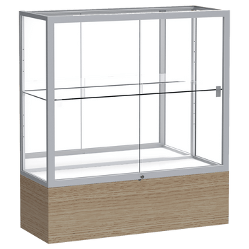 40"H x 36"W x 14"D Driftwood Oak Finish, Mirror Back, Satin Natural Aluminum Frame, Reliant Display Case