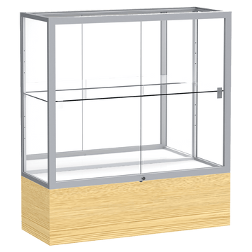 40"H x 36"W x 14"D Light Oak Vinyl Finish, Mirror Back, Satin Natural Aluminum Frame, Reliant Display Case
