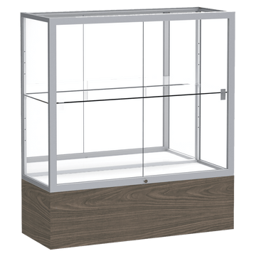 40"H x 36"W x 14"D Walnut Vinyl Finish, Mirror Back, Satin Natural Aluminum Frame, Reliant Display Case
