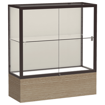 40"H x 36"W x 14"D Driftwood Oak Finish, Plaque Fabric Back, Dark Bronze Aluminum Frame, Reliant Display Case