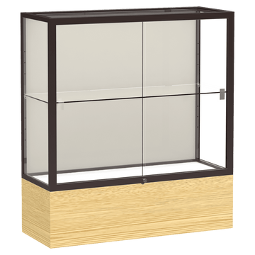 40"H x 36"W x 14"D Light Oak Vinyl Finish, Plaque Fabric Back, Dark Bronze Aluminum Frame, Reliant Display Case