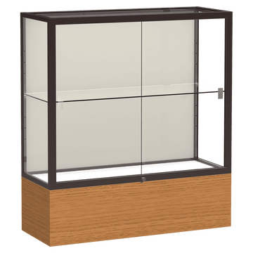 40"H x 36"W x 14"D Carmel Oak Finish, Plaque Fabric Back, Dark Bronze Aluminum Frame, Reliant Display Case