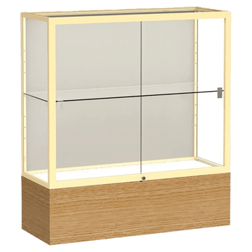 40"H x 36"W x 14"D Natural Oak Finish, Plaque Fabric Back, Champagne Aluminum Frame, Reliant Display Case