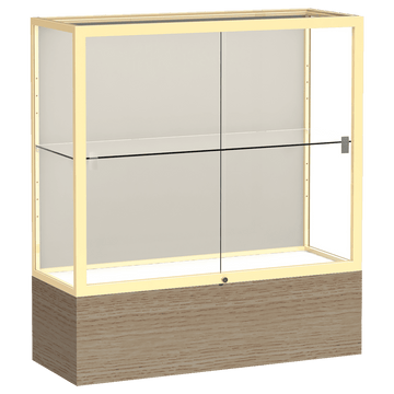 40"H x 36"W x 14"D Driftwood Oak Finish, Plaque Fabric Back, Champagne Aluminum Frame, Reliant Display Case