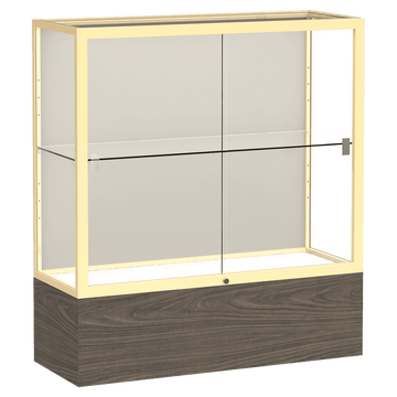 40"H x 36"W x 14"D Walnut Vinyl Finish, Plaque Fabric Back, Champagne Aluminum Frame, Reliant Display Case