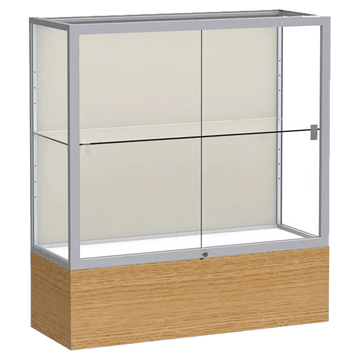 40"H x 36"W x 14"D Natural Oak Finish, Plaque Fabric Back, Satin Natural Aluminum Frame, Reliant Display Case
