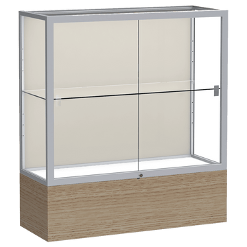 40"H x 36"W x 14"D Driftwood Oak Finish, Plaque Fabric Back, Satin Natural Aluminum Frame, Reliant Display Case