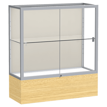 40"H x 36"W x 14"D Light Oak Vinyl Finish, Plaque Fabric Back, Satin Natural Aluminum Frame, Reliant Display Case