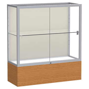 40"H x 36"W x 14"D Carmel Oak Finish, Plaque Fabric Back, Satin Natural Aluminum Frame, Reliant Display Case