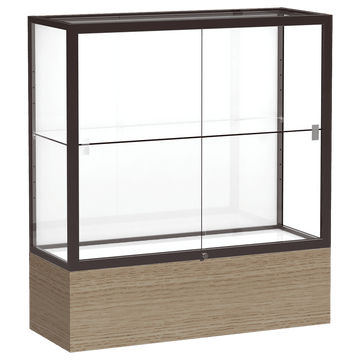 40"H x 36"W x 14"D Driftwood Oak Finish, White Laminate Back, Dark Bronze Aluminum Frame, Reliant Display Case
