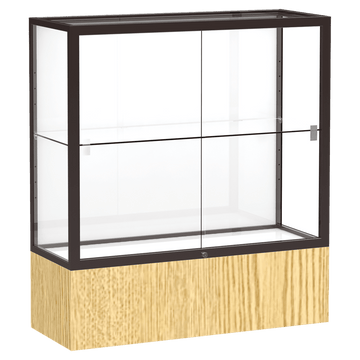 40"H x 36"W x 14"D Light Oak Vinyl Finish, White Laminate Back, Dark Bronze Aluminum Frame, Reliant Display Case