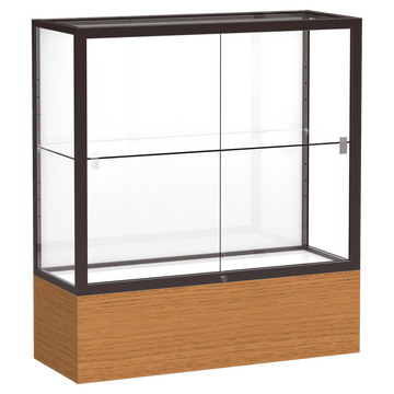40"H x 36"W x 14"D Carmel Oak Finish, White Laminate Back, Dark Bronze Aluminum Frame, Reliant Display Case