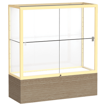 40"H x 36"W x 14"D Driftwood Oak Finish, White Laminate Back, Champagne Aluminum Frame, Reliant Display Case