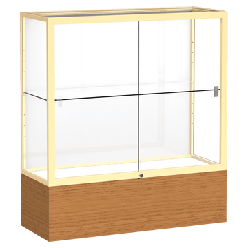 40"H x 36"W x 14"D Carmel Oak Finish, White Laminate Back, Champagne Aluminum Frame, Reliant Display Case