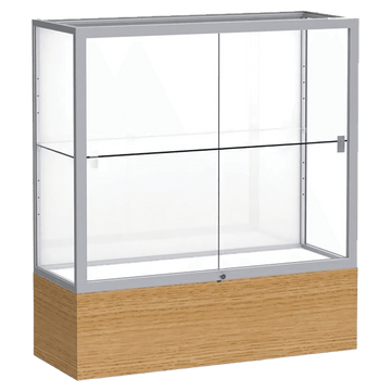 40"H x 36"W x 14"D Natura Oak Finish, White Laminate Back, Satin Natural Aluminum Frame, Reliant Display Case