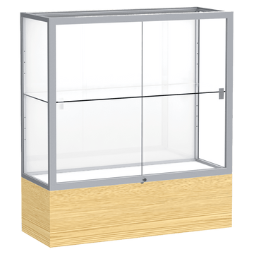 40"H x 36"W x 14"D Light Oak Vinyl Finish, White Laminate Back, Satin Natural Aluminum Frame, Reliant Display Case