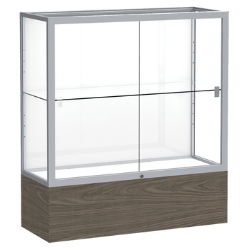 40"H x 36"W x 14"D Walnut Vinyl Finish, White Laminate Back, Satin Natural Aluminum Frame, Reliant Display Case