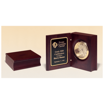5 3/8" x 4 1/4" Hand Rubbed Mahogany Finish Book Clock w/Gold Spun Dial, 3 Hand Movement, Plate