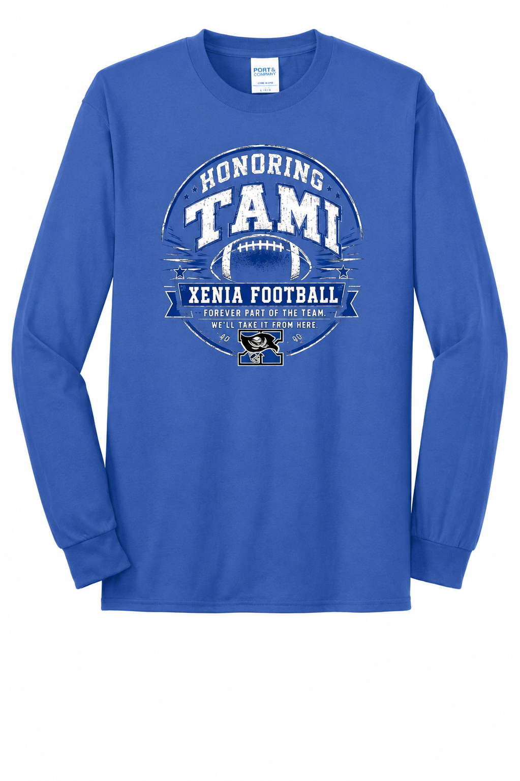 Xenia Football Honoring TAMI Port & Company Long Sleeve Core Blend Tee.