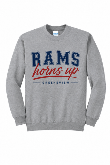 Greenview Rams Horns Up Port & Co Core Fleece Crewneck Sweatshirt