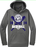 Gray hoodie with baseball design and text on a white background