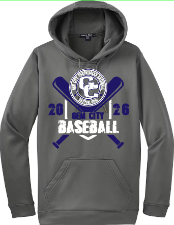 Gray hoodie with baseball design and text on a white background