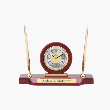 Rosewood Piano Finish Desk Clock with 2 Gold Pens, White Face Clock