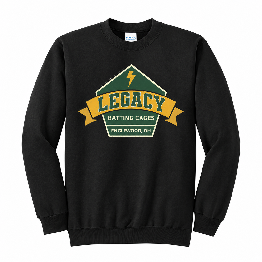 Legacy Batting Cages crewneck in Black, front logo mockup