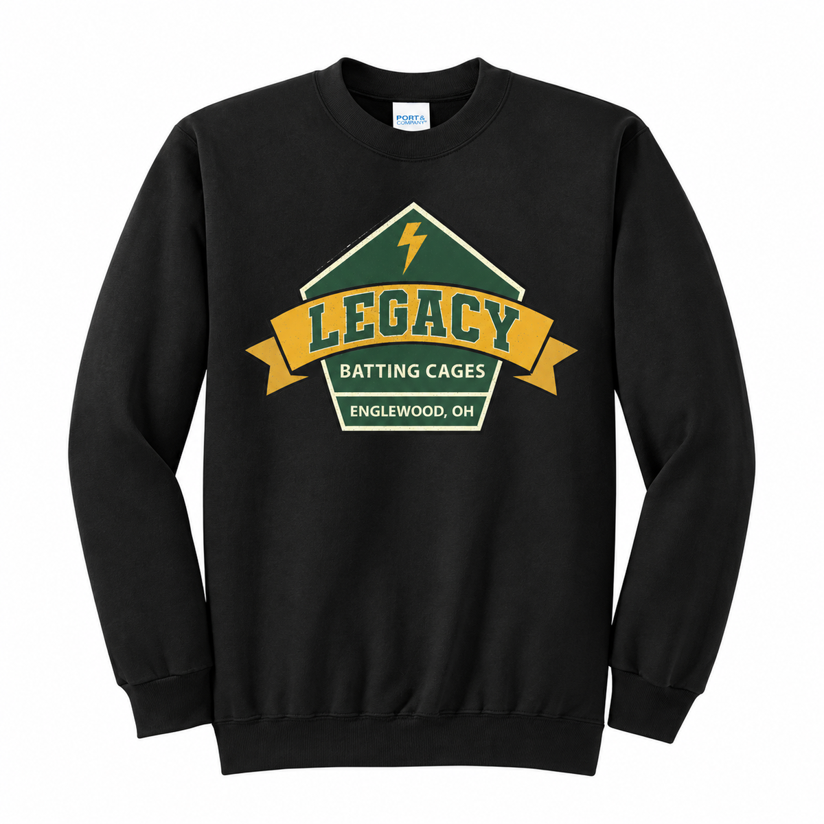Legacy Batting Cages crewneck in Black, front logo mockup