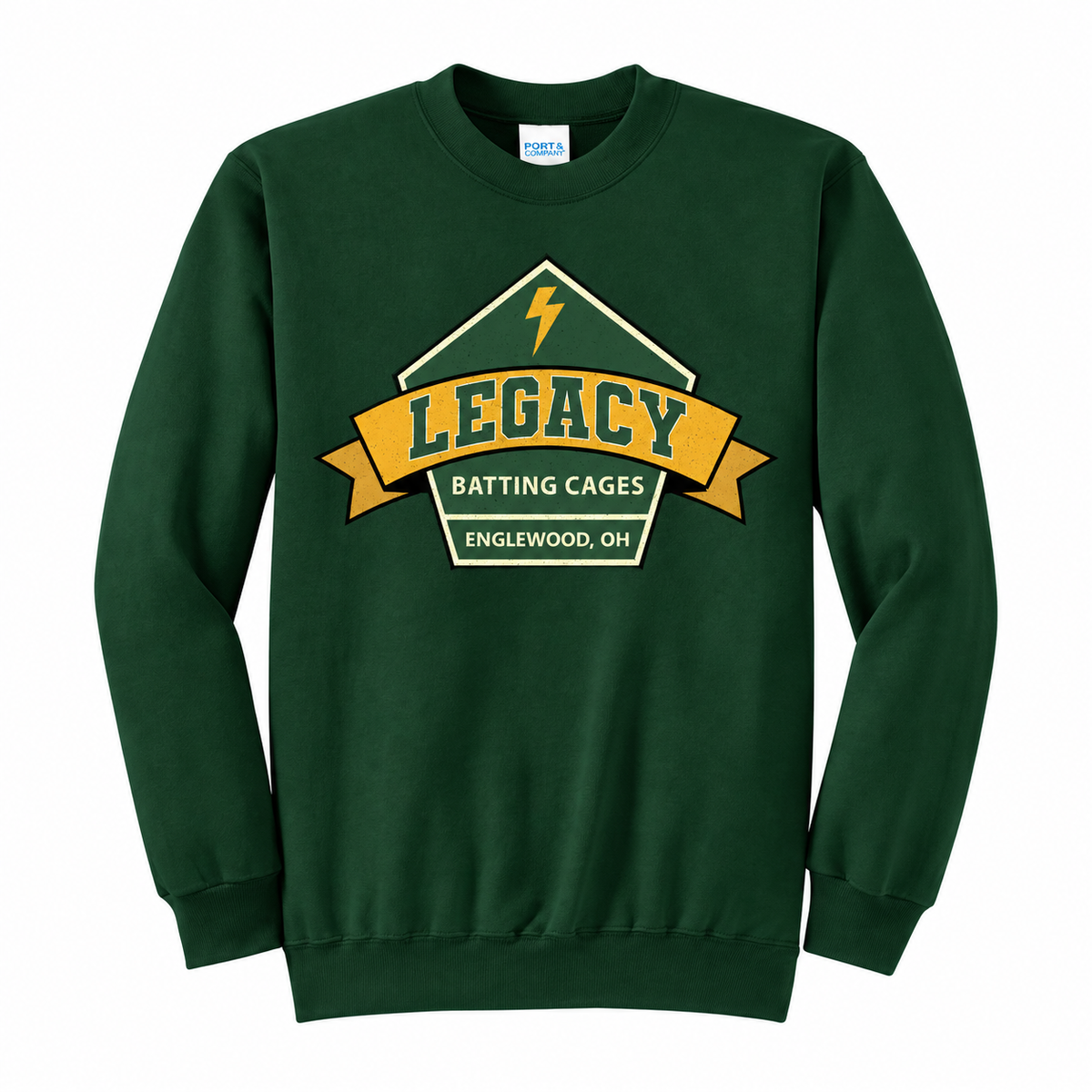 Legacy Batting Cages crewneck in Dark Green, front logo mockup