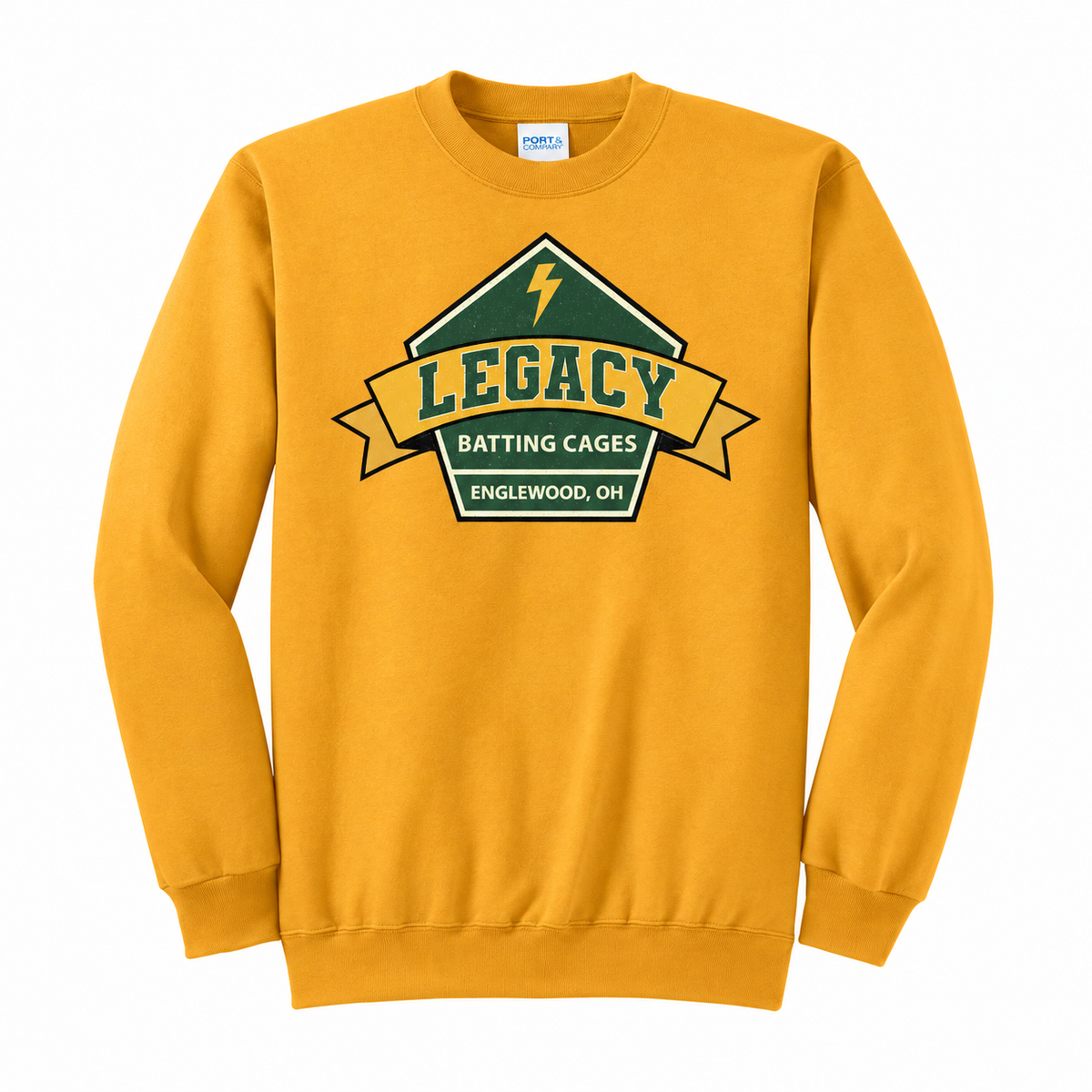 Legacy Batting Cages crewneck in Gold, front logo mockup