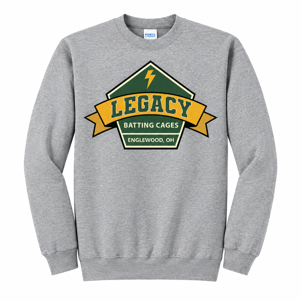 Legacy Batting Cages crewneck in Heather Grey, front logo mockup