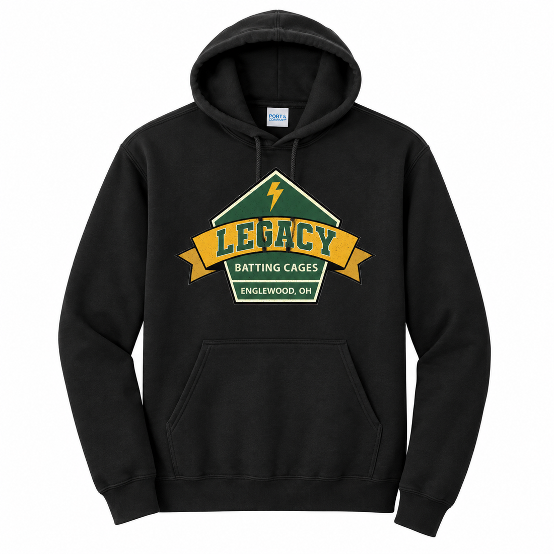 Legacy Batting Cages hoodie in Black, front logo mockup
