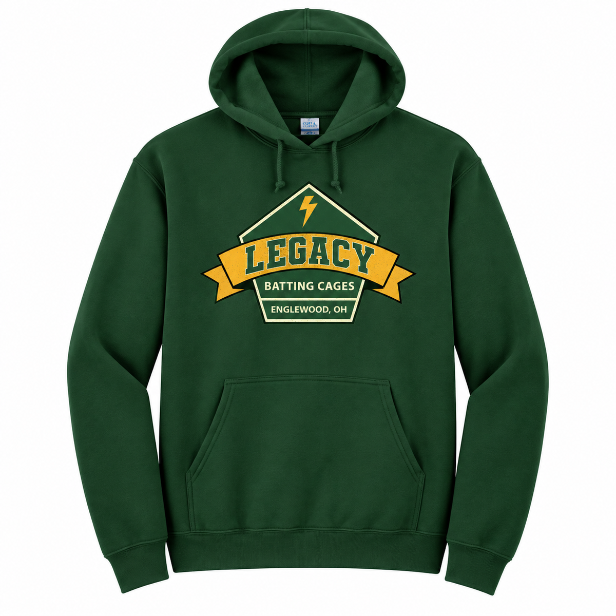 Legacy Batting Cages hoodie in Dark Green, front logo mockup