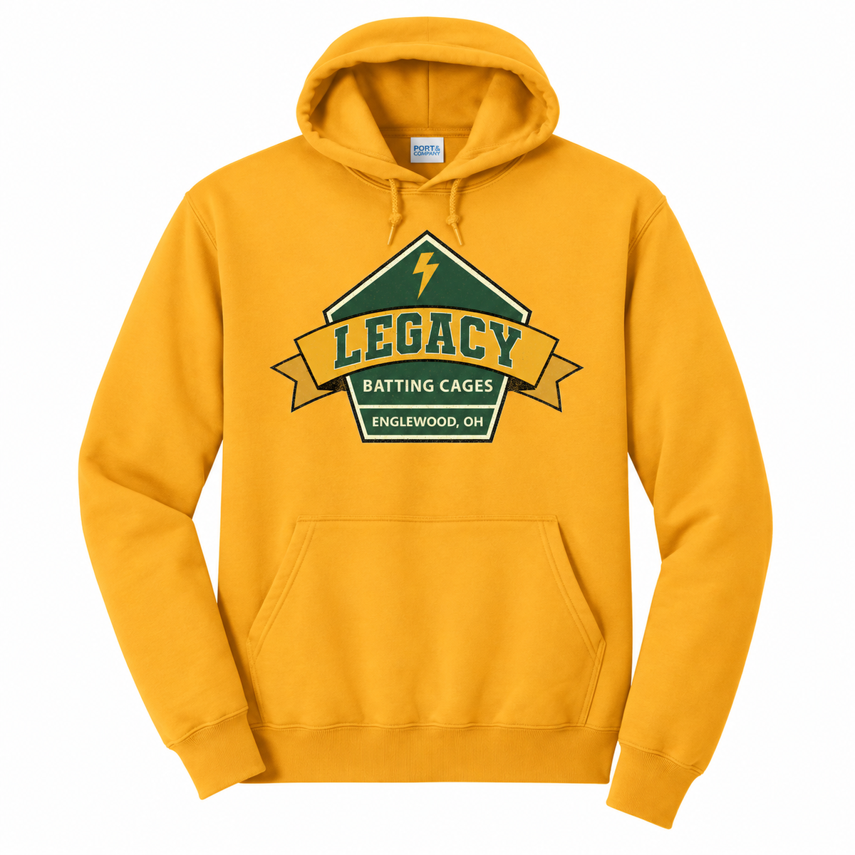 Legacy Batting Cages hoodie in Gold, front logo mockup