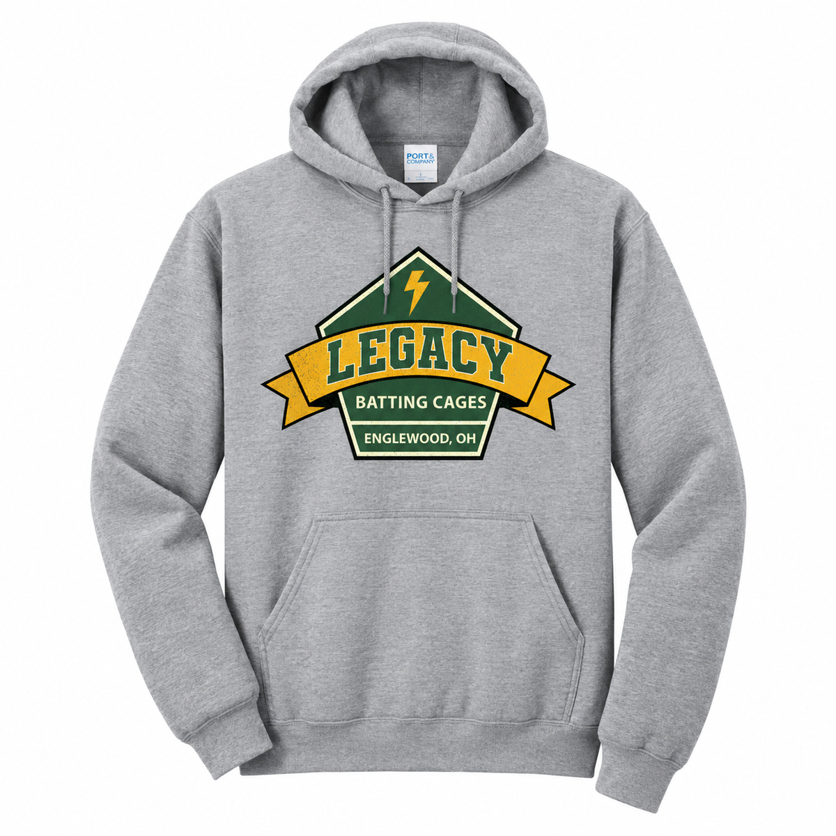 Legacy Batting Cages hoodie in Heather Grey, front logo mockup