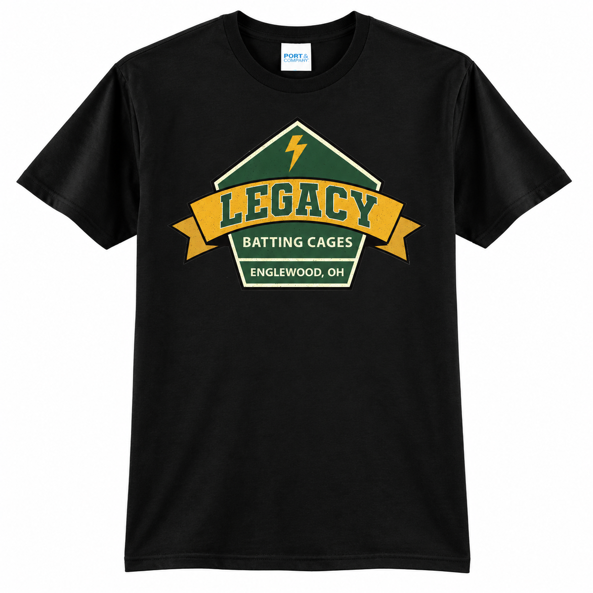 Legacy Batting Cages tshirt in Black, front logo mockup