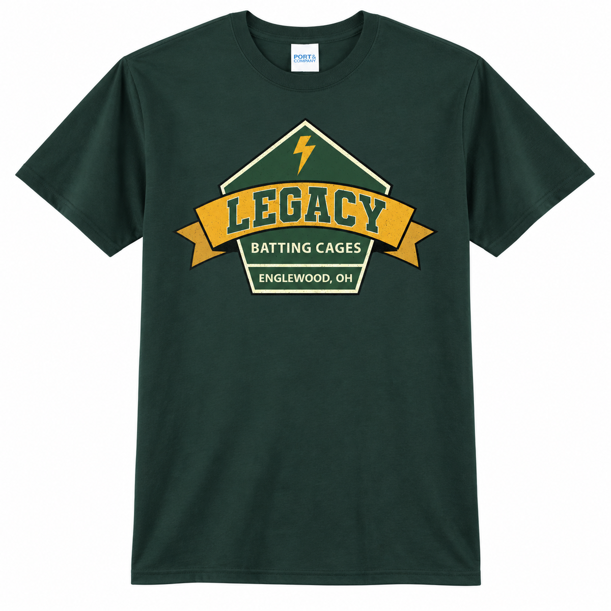Legacy Batting Cages tshirt in Dark Green, front logo mockup