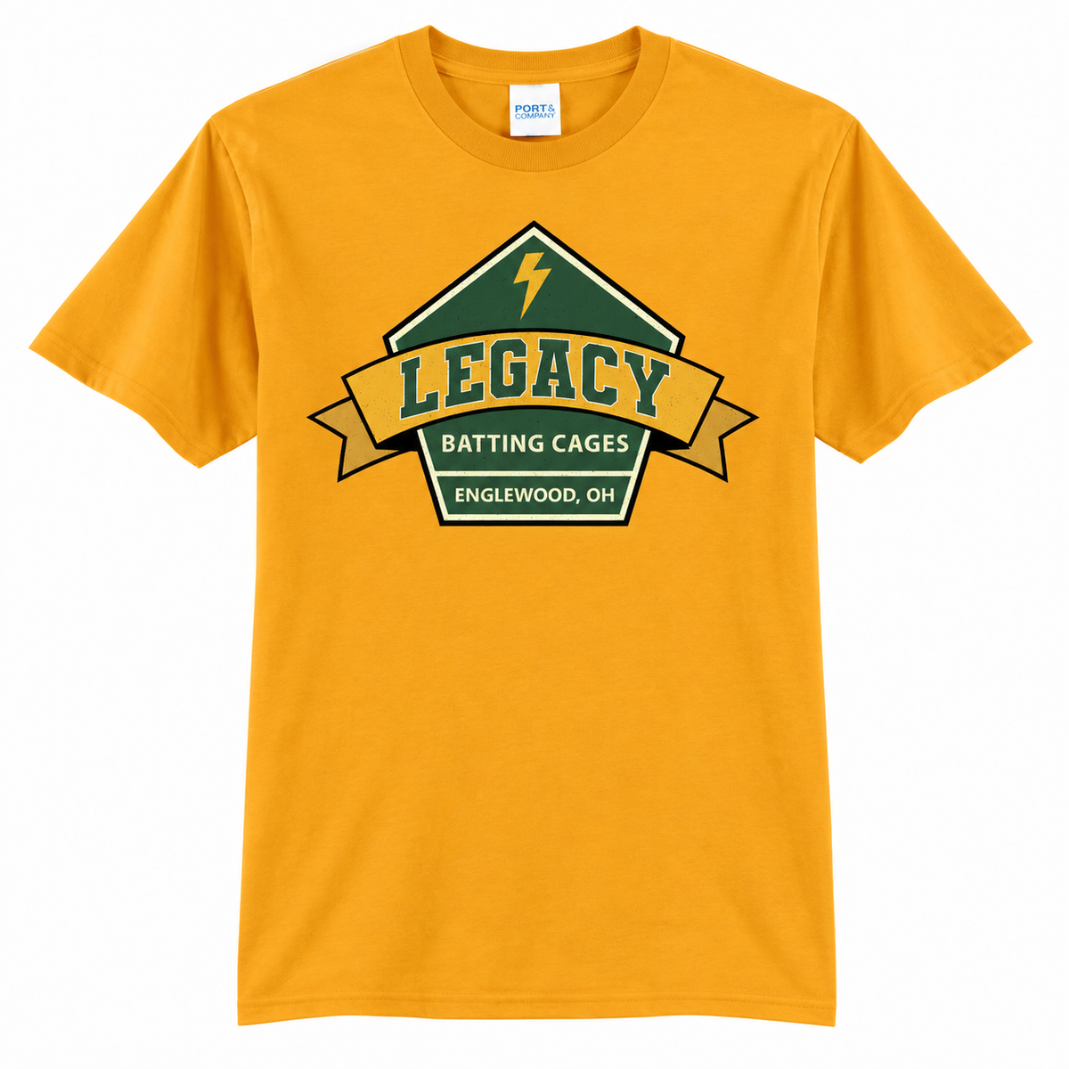 Legacy Batting Cages tshirt in Gold, front logo mockup