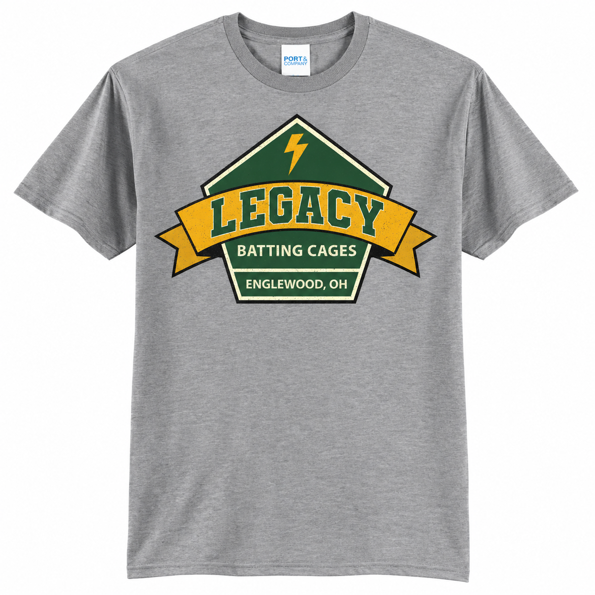 Legacy Batting Cages tshirt in Heather Grey, front logo mockup