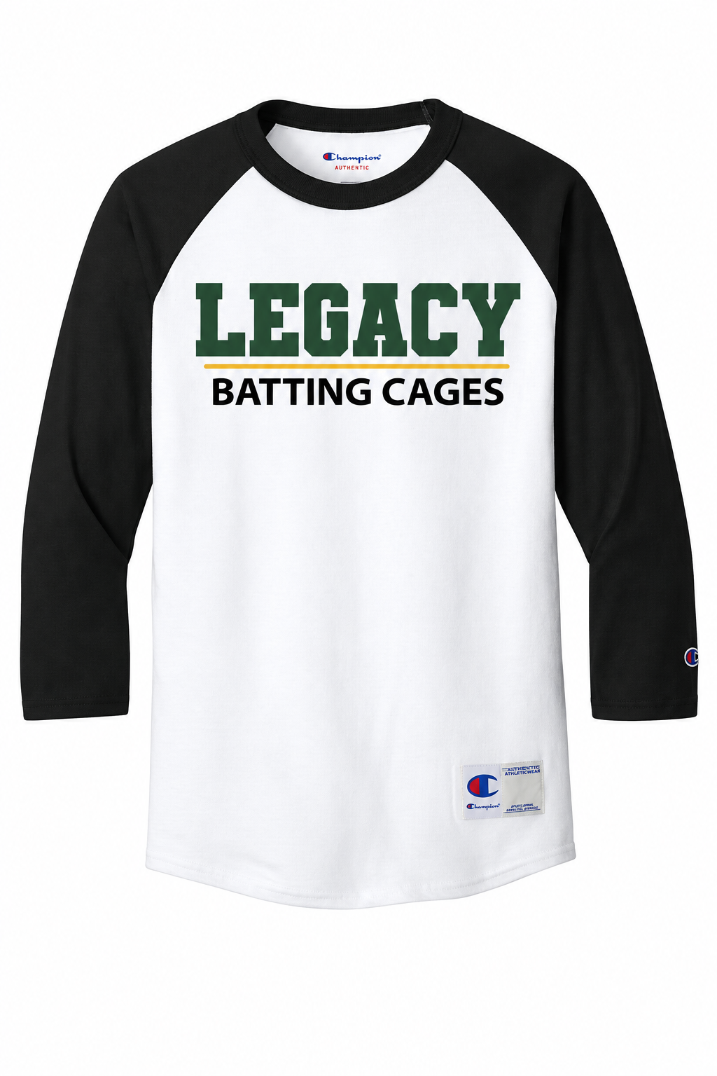 Legacy Batting Cages Classic Logo 3/4 sleeve baseball shirt, White / Black
