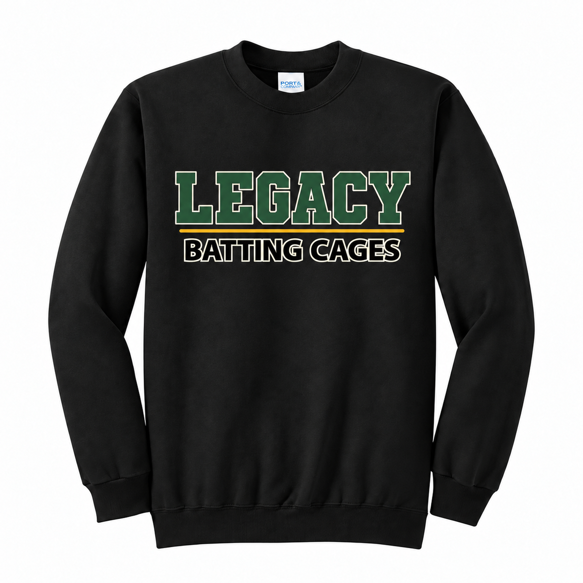 Legacy Batting Cages Classic Logo crewneck in Black, front mockup