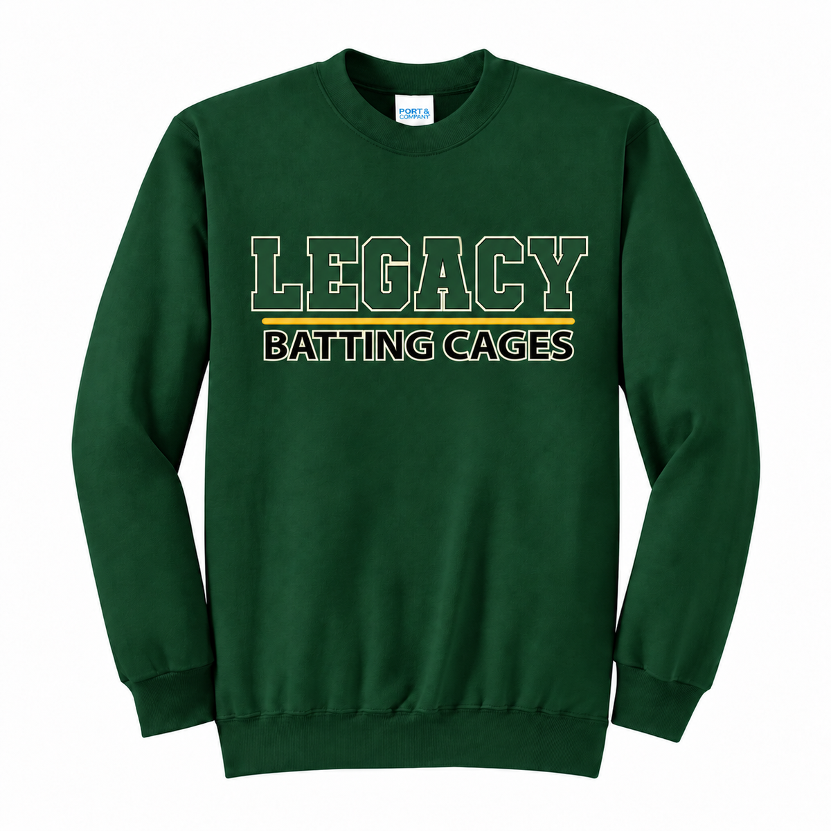 Legacy Batting Cages Classic Logo crewneck in Dark Green, front mockup