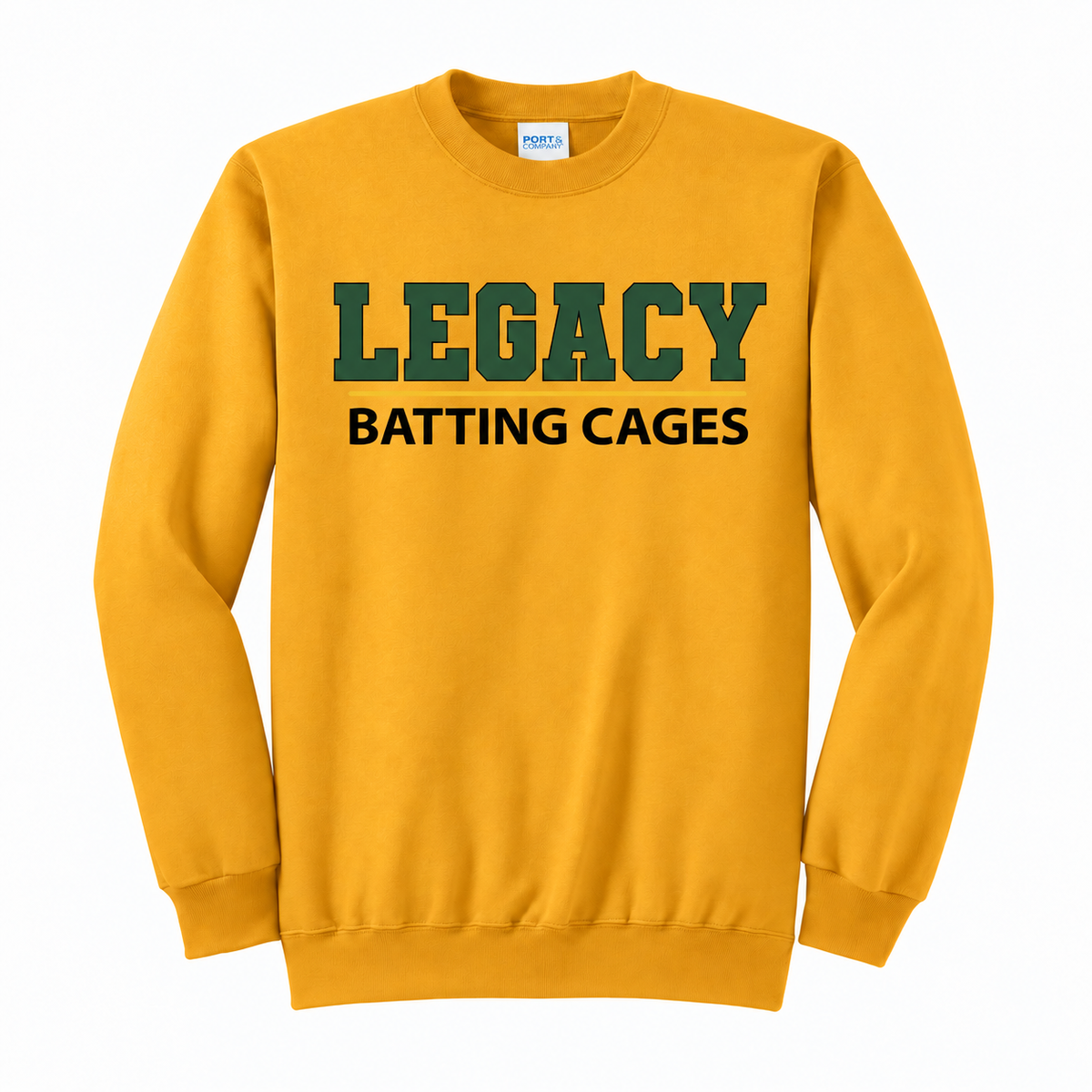 Legacy Batting Cages Classic Logo crewneck in Gold, front mockup