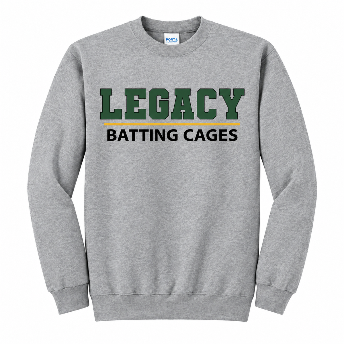 Legacy Batting Cages Classic Logo crewneck in Heather Grey, front mockup